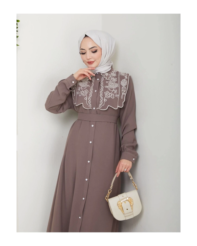 NAKIŞLI ABAYA TESETTÜR GIYIM KADIN FERACE ELBİSE 814 VİZON