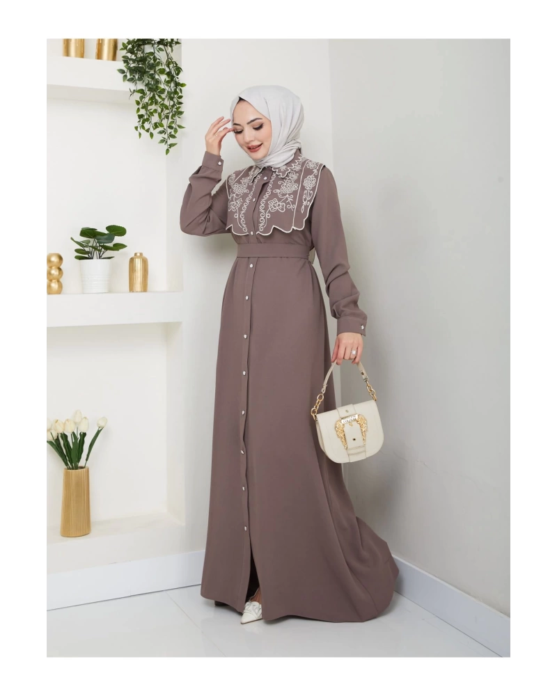 NAKIŞLI ABAYA TESETTÜR GIYIM KADIN FERACE ELBİSE 814 VİZON