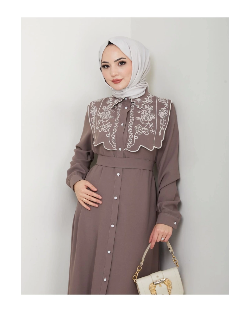 NAKIŞLI ABAYA TESETTÜR GIYIM KADIN FERACE ELBİSE 814 VİZON
