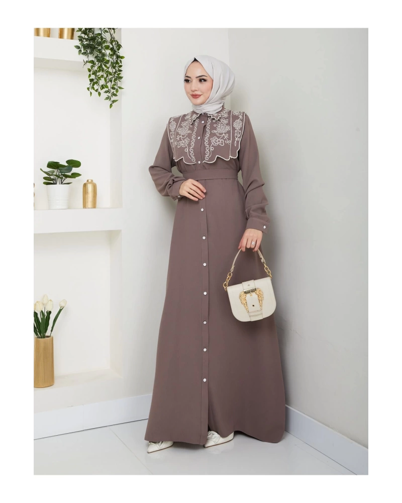 NAKIŞLI ABAYA TESETTÜR GIYIM KADIN FERACE ELBİSE 814 VİZON