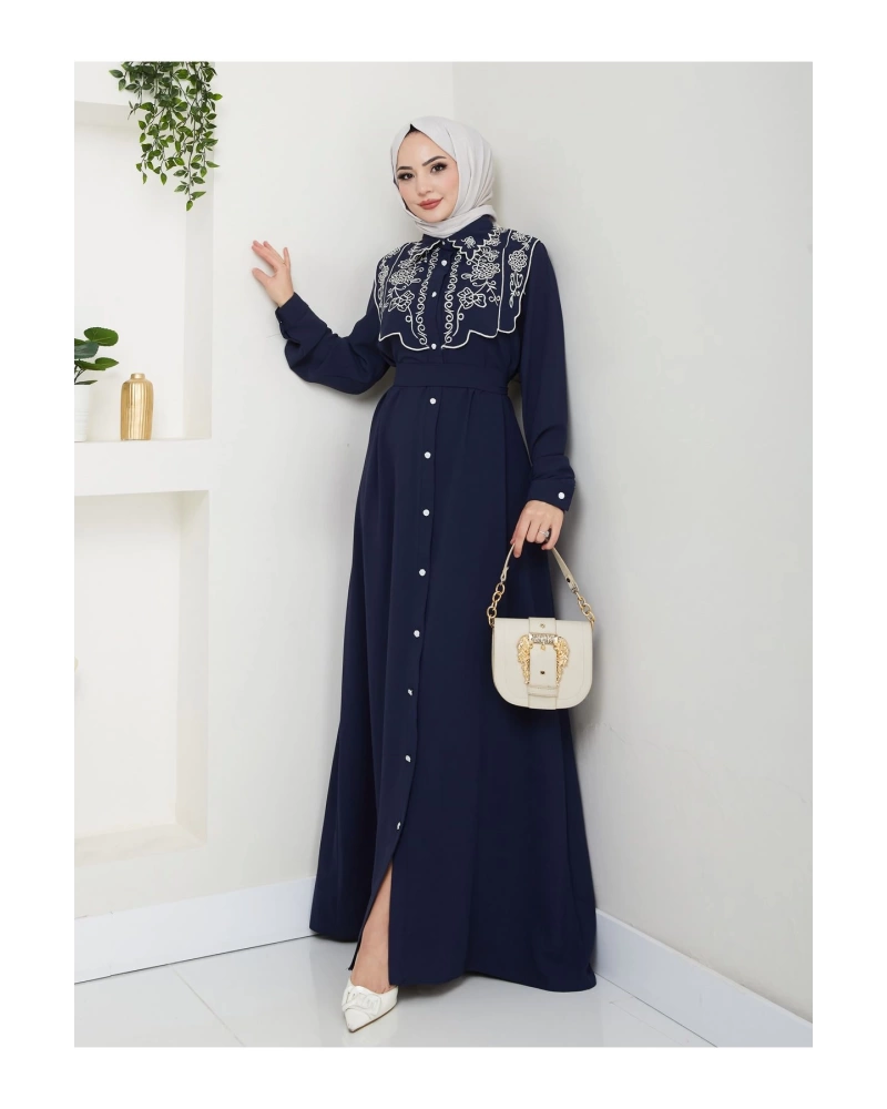 NAKIŞLI ABAYA TESETTÜR GIYIM KADIN FERACE ELBİSE 814 LACİVERT
