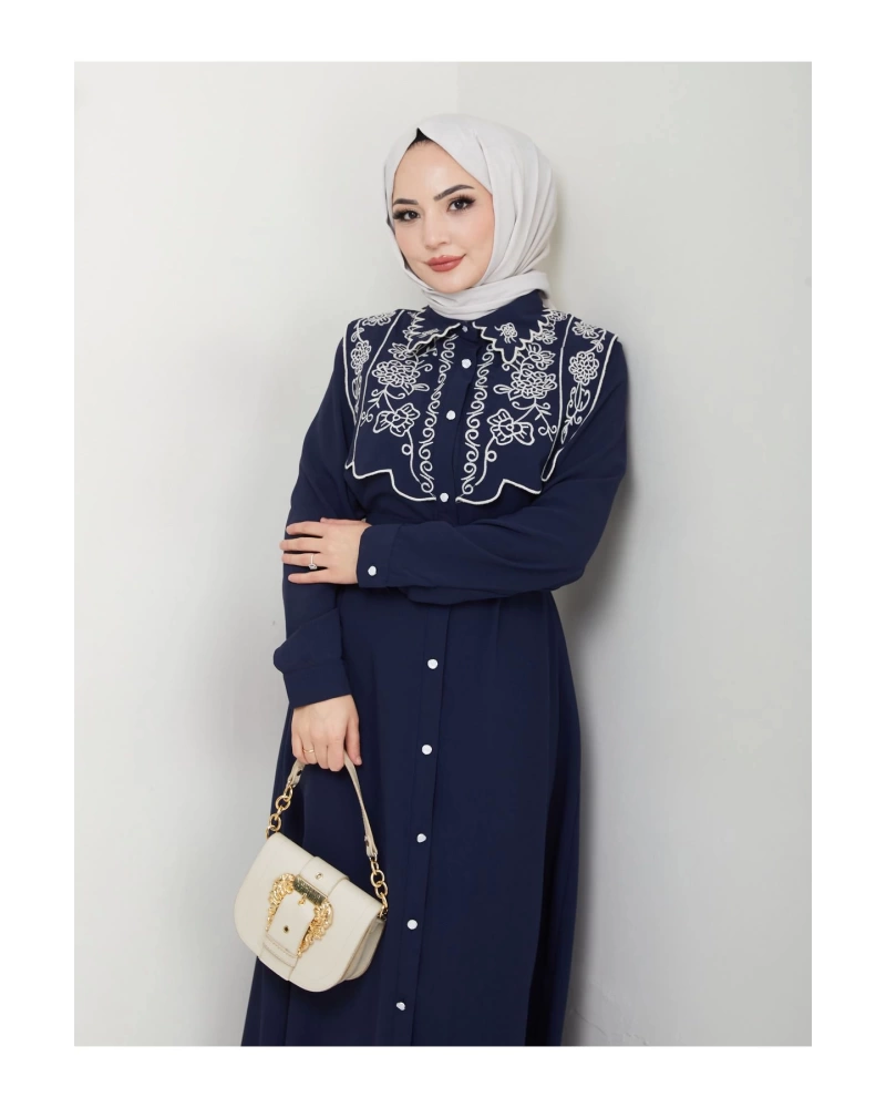 NAKIŞLI ABAYA TESETTÜR GIYIM KADIN FERACE ELBİSE 814 LACİVERT