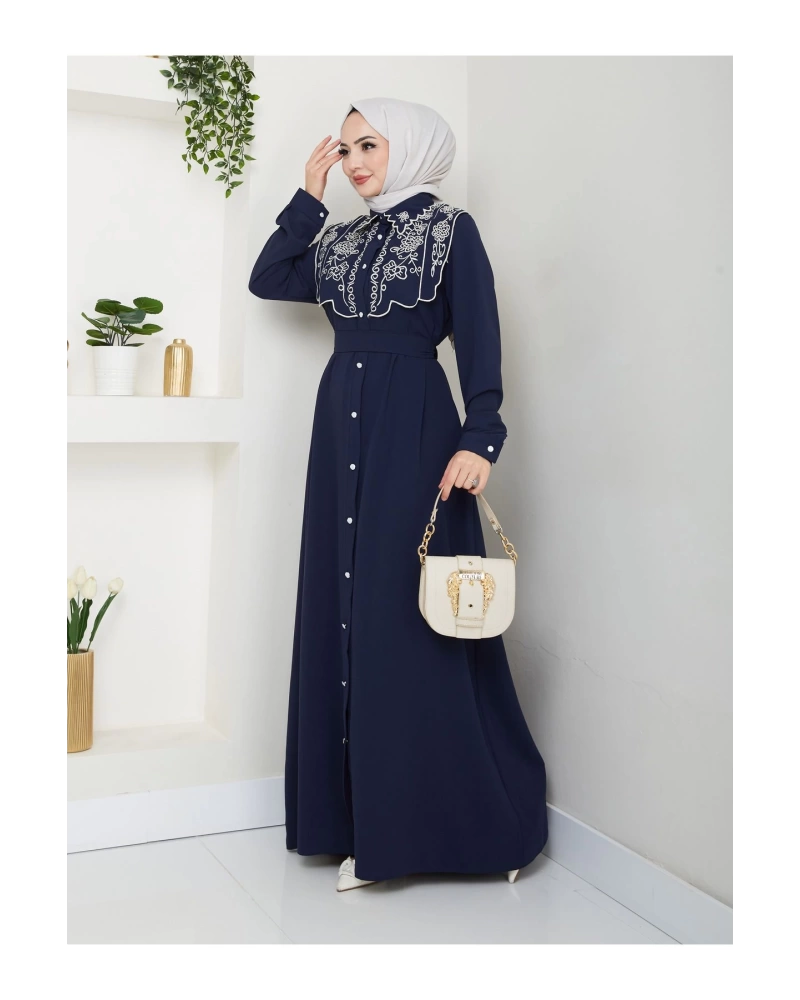 NAKIŞLI ABAYA TESETTÜR GIYIM KADIN FERACE ELBİSE 814 LACİVERT
