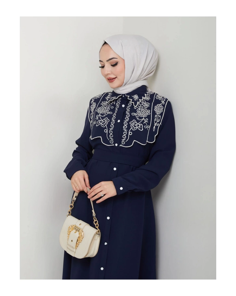 NAKIŞLI ABAYA TESETTÜR GIYIM KADIN FERACE ELBİSE 814 LACİVERT