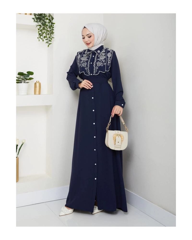 NAKIŞLI ABAYA TESETTÜR GIYIM KADIN FERACE ELBİSE 814 LACİVERT