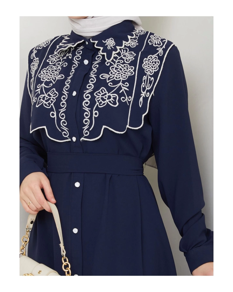 NAKIŞLI ABAYA TESETTÜR GIYIM KADIN FERACE ELBİSE 814 LACİVERT