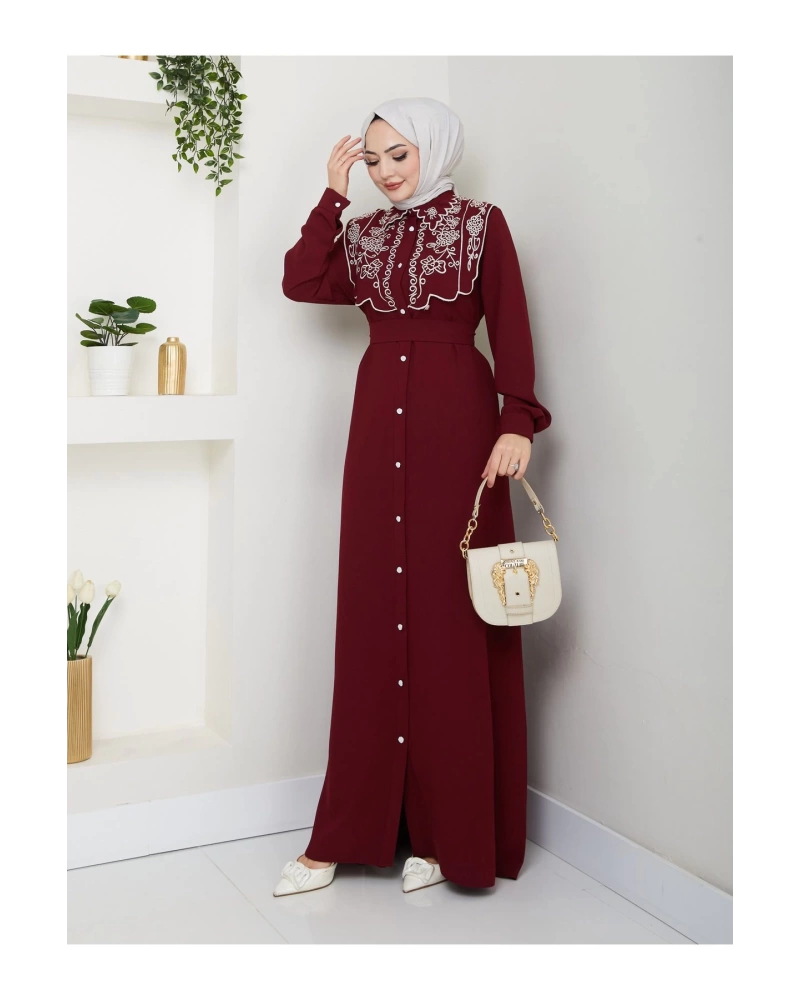 NAKIŞLI ABAYA TESETTÜR GIYIM KADIN FERACE ELBİSE 814 BORDO