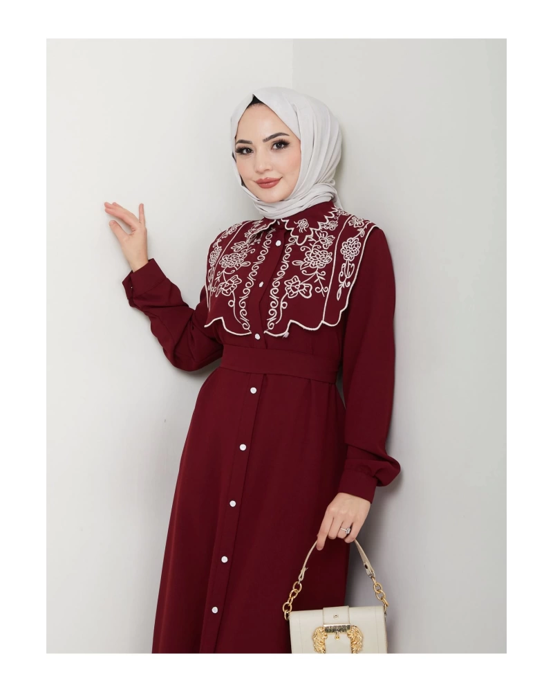 NAKIŞLI ABAYA TESETTÜR GIYIM KADIN FERACE ELBİSE 814 BORDO
