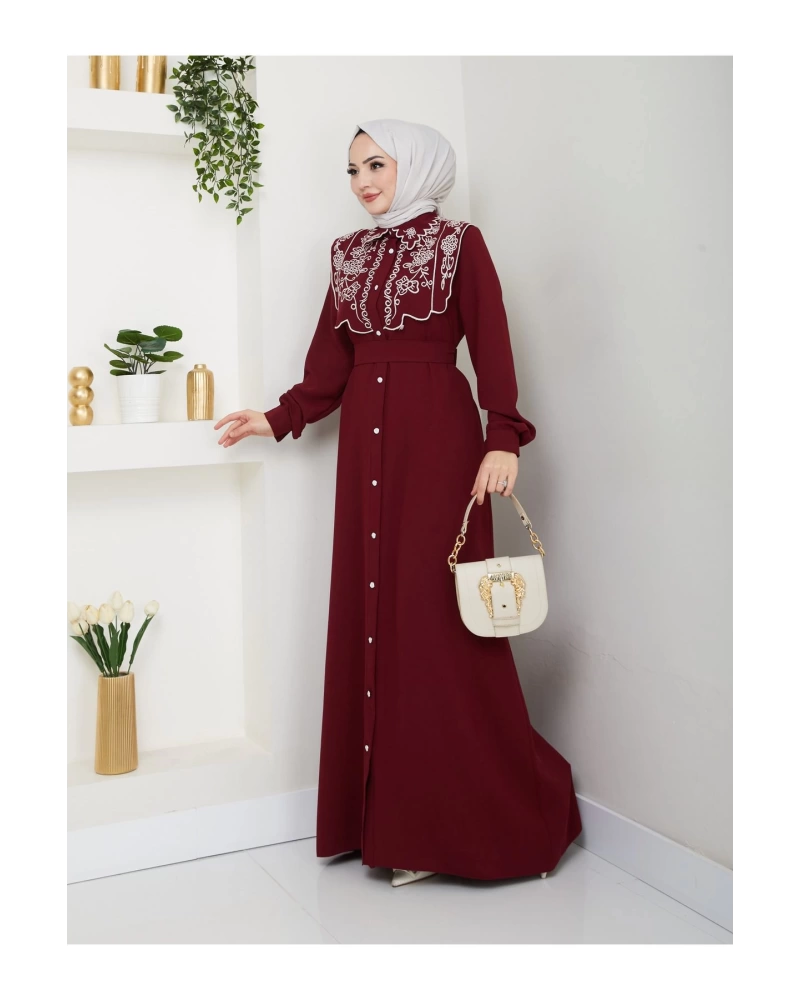 NAKIŞLI ABAYA TESETTÜR GIYIM KADIN FERACE ELBİSE 814 BORDO