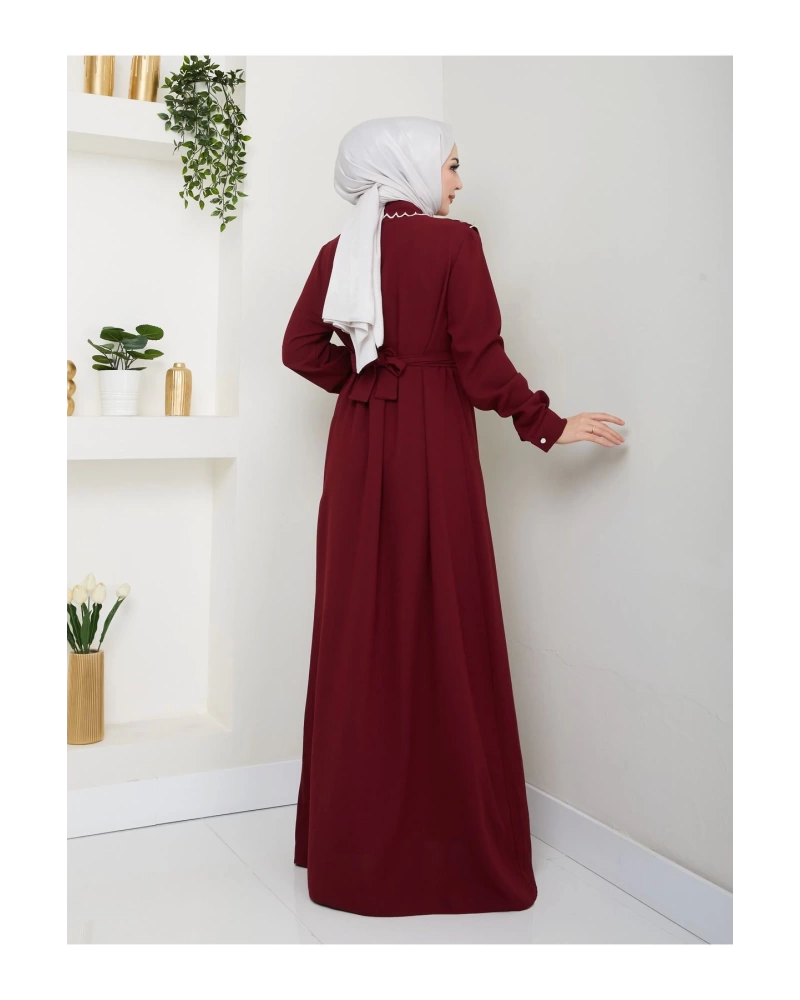 NAKIŞLI ABAYA TESETTÜR GIYIM KADIN FERACE ELBİSE 814 BORDO
