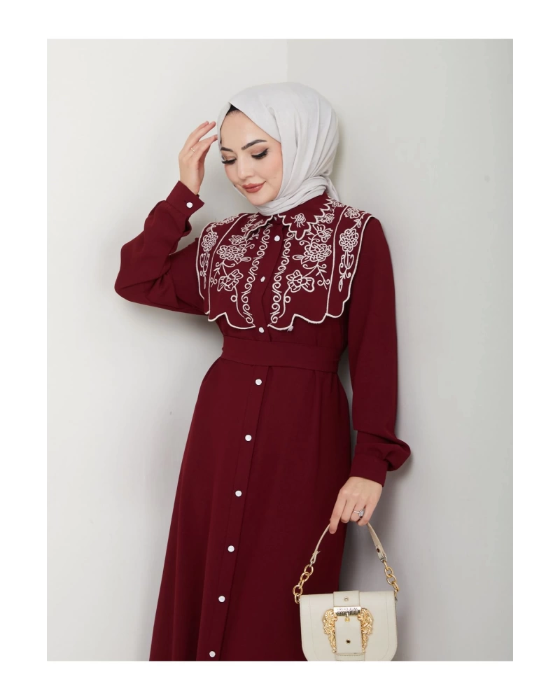 NAKIŞLI ABAYA TESETTÜR GIYIM KADIN FERACE ELBİSE 814 BORDO