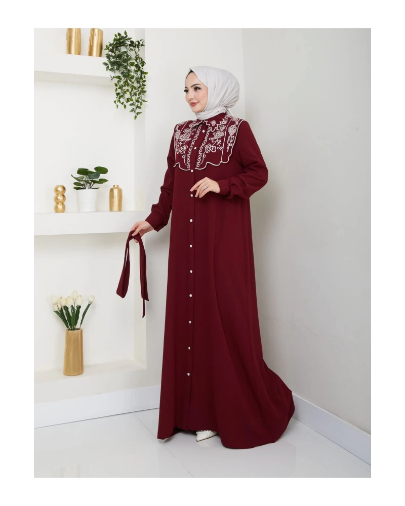 NAKIŞLI ABAYA TESETTÜR GIYIM KADIN FERACE ELBİSE 814 BORDO
