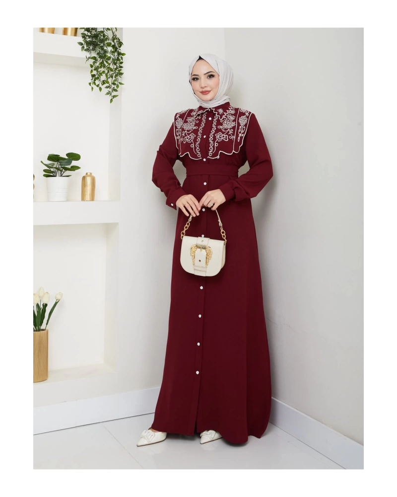 NAKIŞLI ABAYA TESETTÜR GIYIM KADIN FERACE ELBİSE 814 BORDO