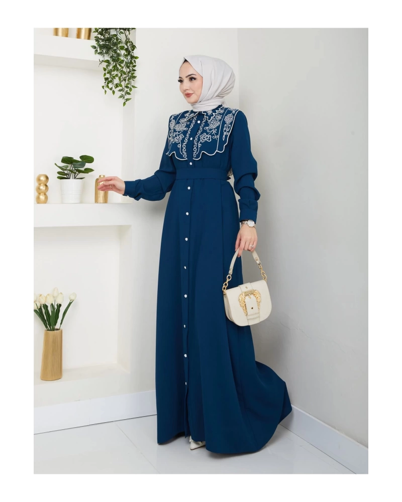 NAKIŞLI ABAYA TESETTÜR GIYIM KADIN FERACE ELBİSE 814 İNDİGO