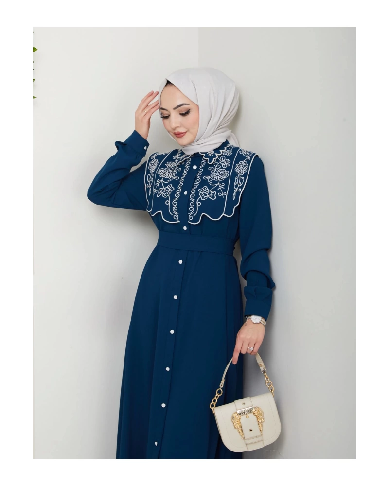 NAKIŞLI ABAYA TESETTÜR GIYIM KADIN FERACE ELBİSE 814 İNDİGO