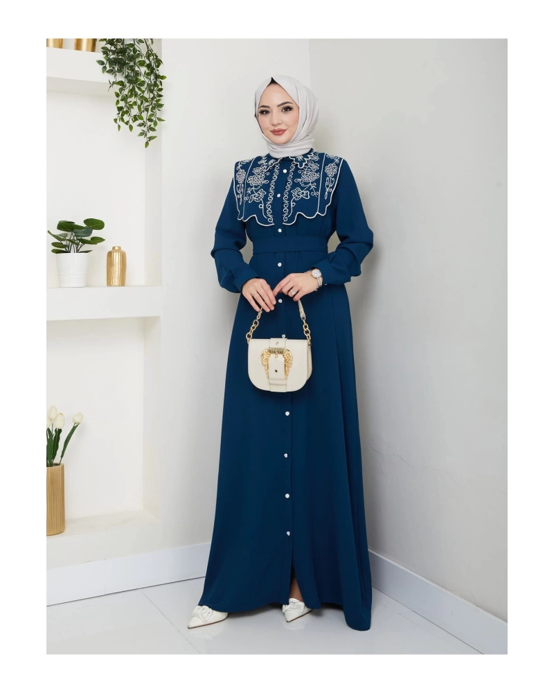 NAKIŞLI ABAYA TESETTÜR GIYIM KADIN FERACE ELBİSE 814 İNDİGO