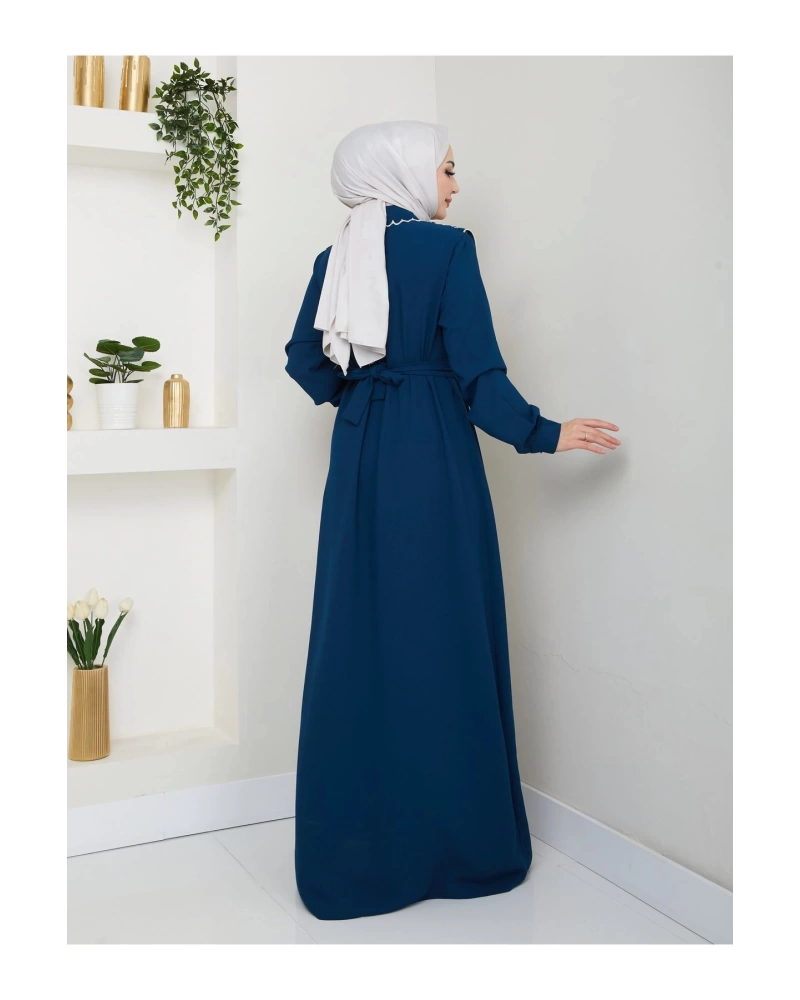 NAKIŞLI ABAYA TESETTÜR GIYIM KADIN FERACE ELBİSE 814 İNDİGO