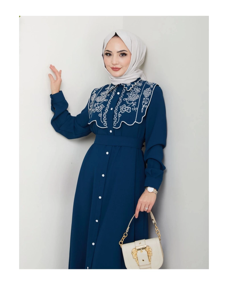 NAKIŞLI ABAYA TESETTÜR GIYIM KADIN FERACE ELBİSE 814 İNDİGO