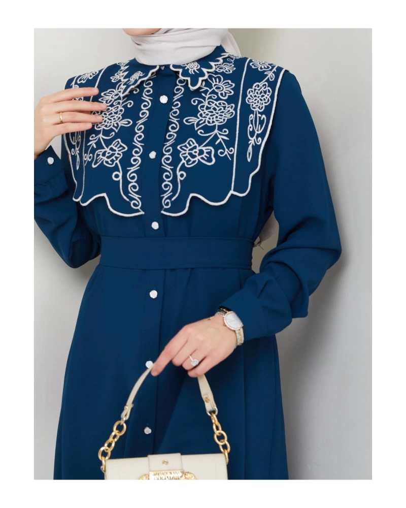 NAKIŞLI ABAYA TESETTÜR GIYIM KADIN FERACE ELBİSE 814 İNDİGO
