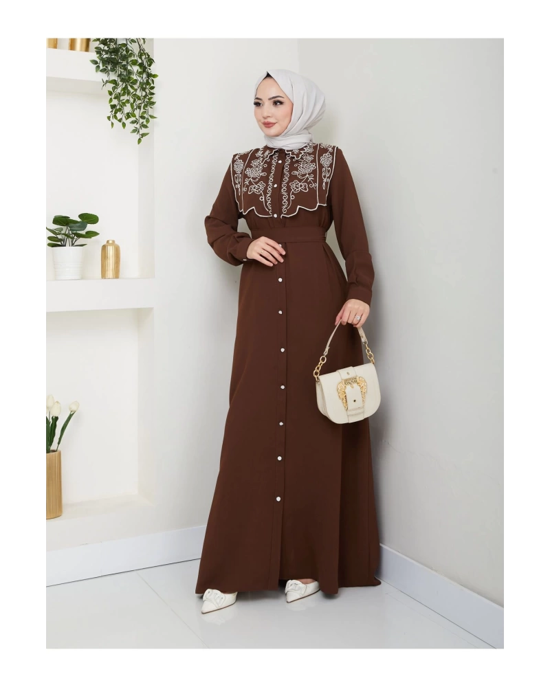 NAKIŞLI ABAYA TESETTÜR GIYIM KADIN FERACE ELBİSE 814 KAHVE