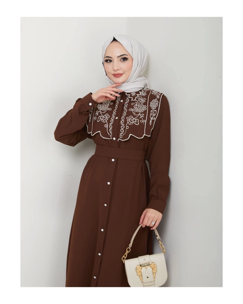 NAKIŞLI ABAYA TESETTÜR GIYIM KADIN FERACE ELBİSE 814 KAHVE