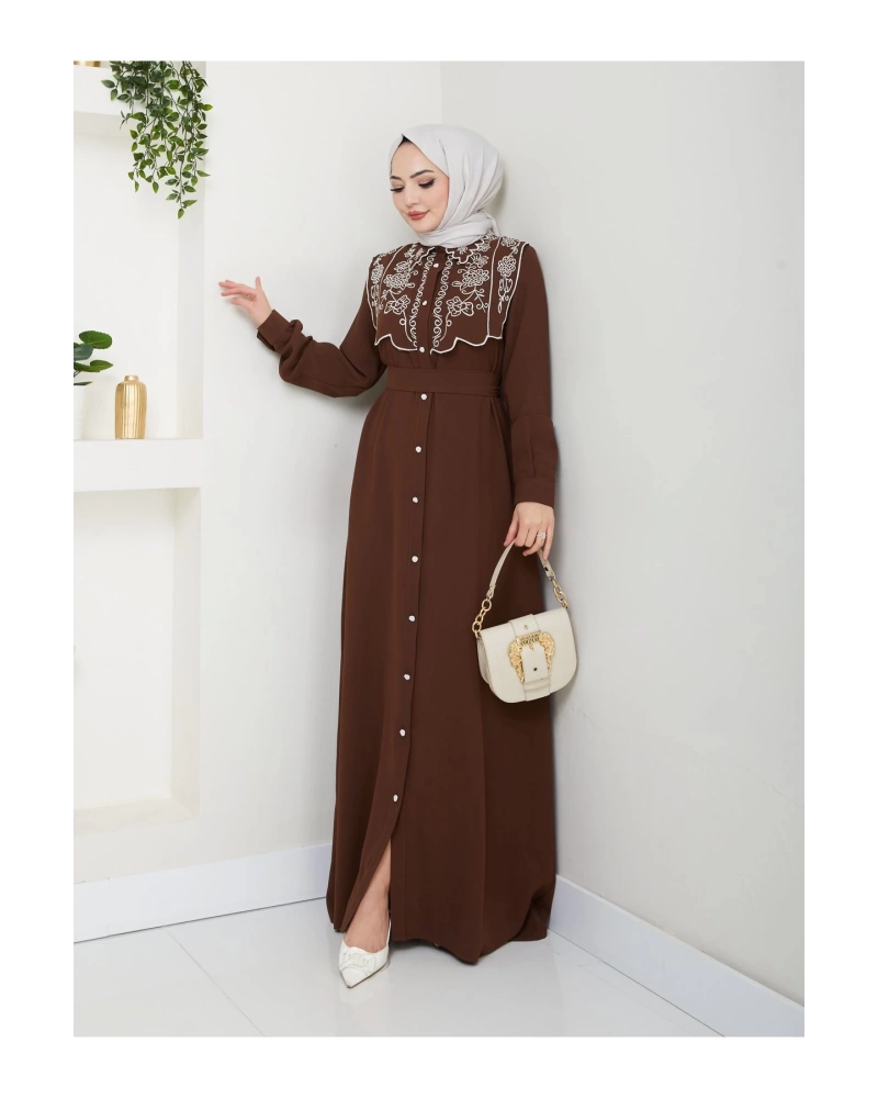 NAKIŞLI ABAYA TESETTÜR GIYIM KADIN FERACE ELBİSE 814 KAHVE