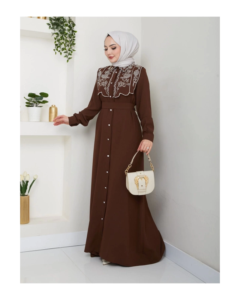 NAKIŞLI ABAYA TESETTÜR GIYIM KADIN FERACE ELBİSE 814 KAHVE