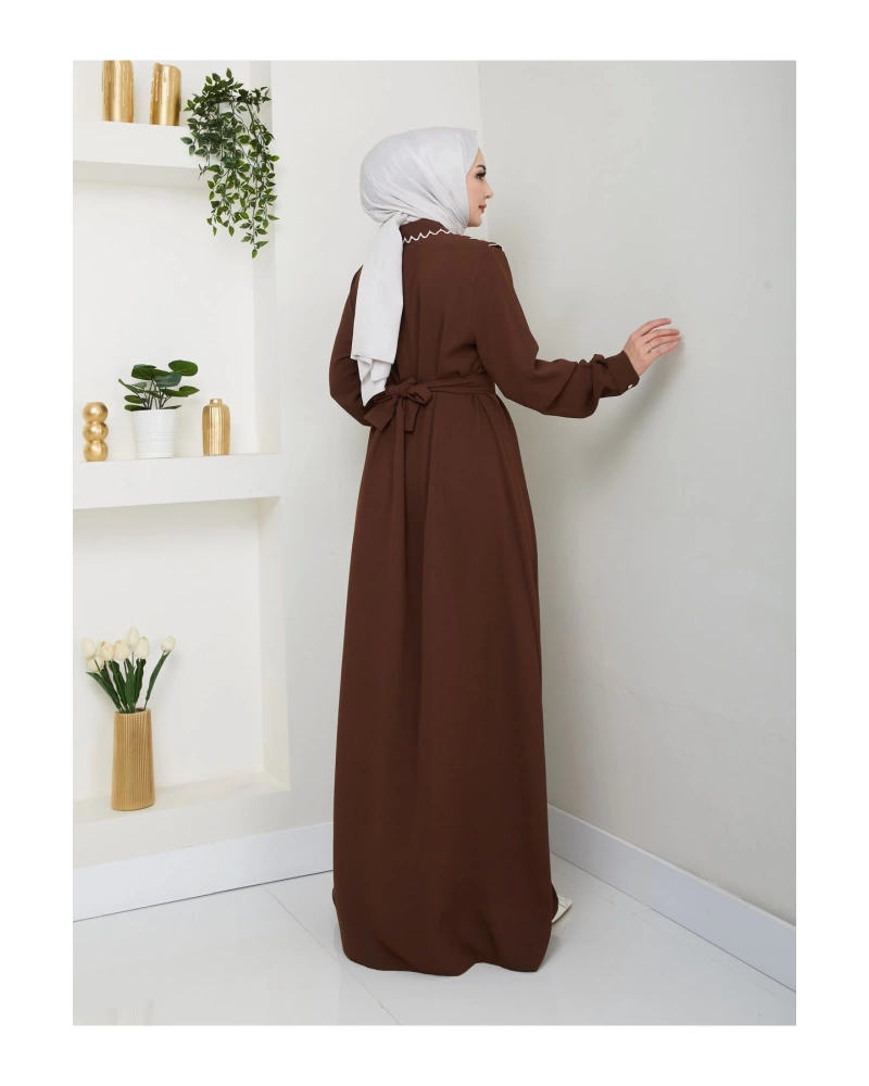 NAKIŞLI ABAYA TESETTÜR GIYIM KADIN FERACE ELBİSE 814 KAHVE