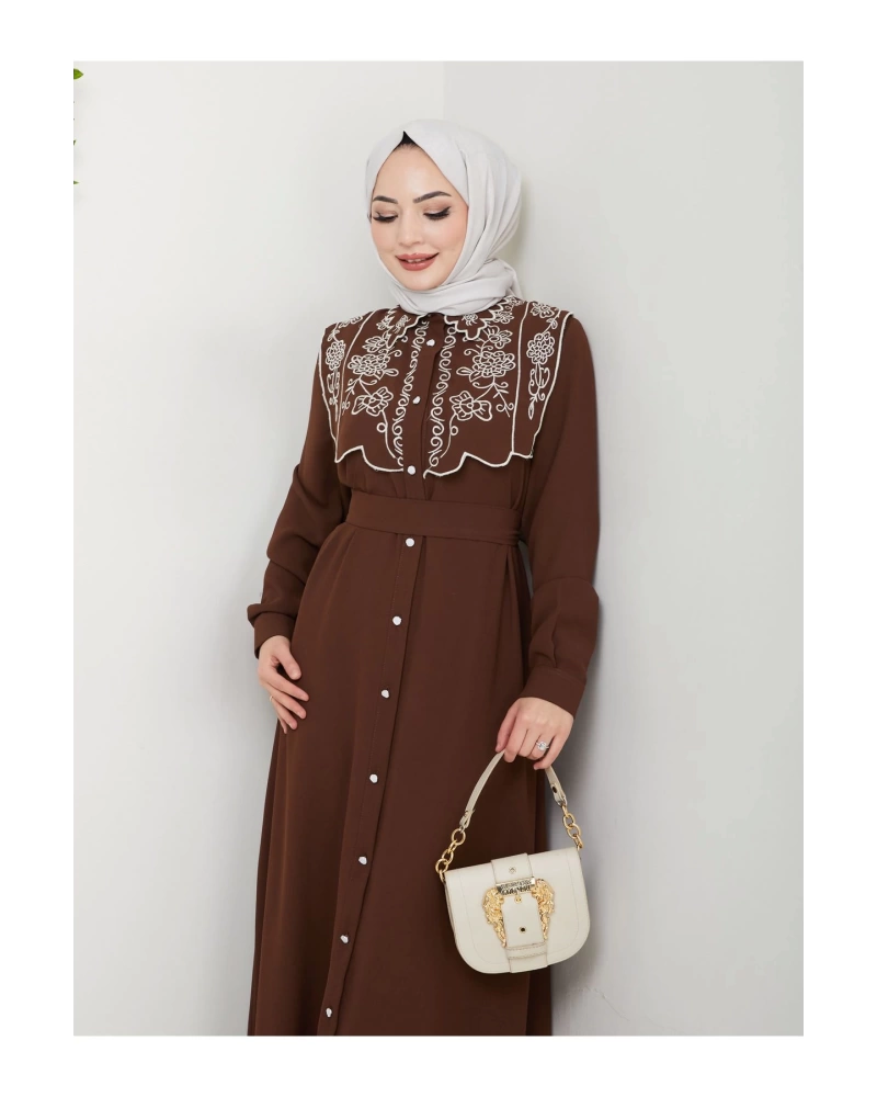 NAKIŞLI ABAYA TESETTÜR GIYIM KADIN FERACE ELBİSE 814 KAHVE