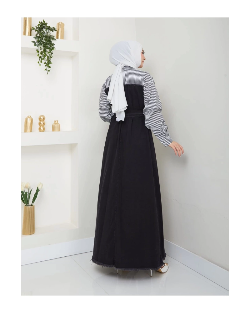 ÇİZİKLİ KOLLARI GÖMLEK DETAYLI KOT ELBİSE TESETTÜR 775 SİYAH