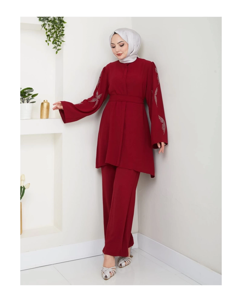 KELEBEK TAŞLİ AYROBİN TESETTÜR TAKIM BORDO 854