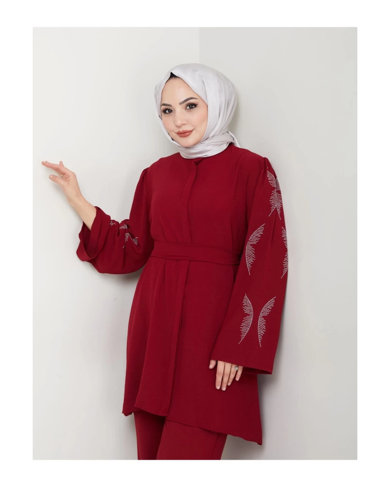 KELEBEK TAŞLİ AYROBİN TESETTÜR TAKIM BORDO 854