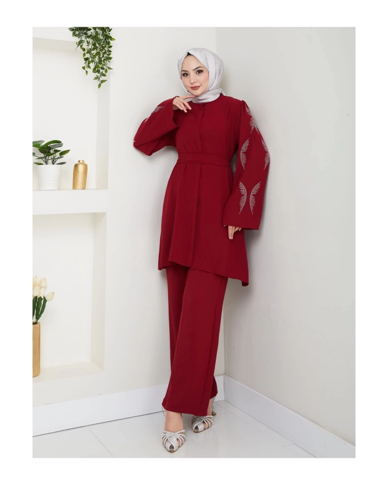 KELEBEK TAŞLİ AYROBİN TESETTÜR TAKIM BORDO 854