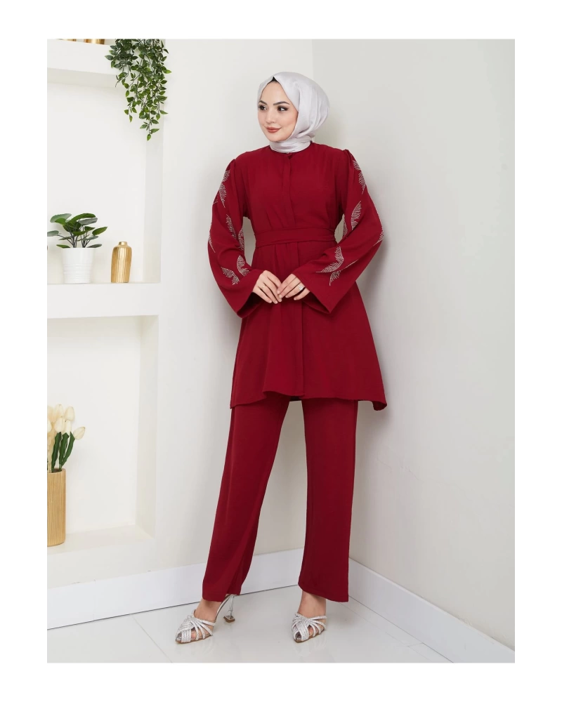 KELEBEK TAŞLİ AYROBİN TESETTÜR TAKIM BORDO 854