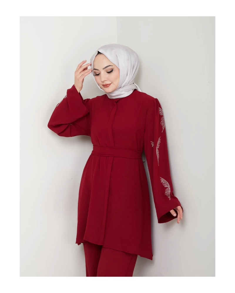 KELEBEK TAŞLİ AYROBİN TESETTÜR TAKIM BORDO 854