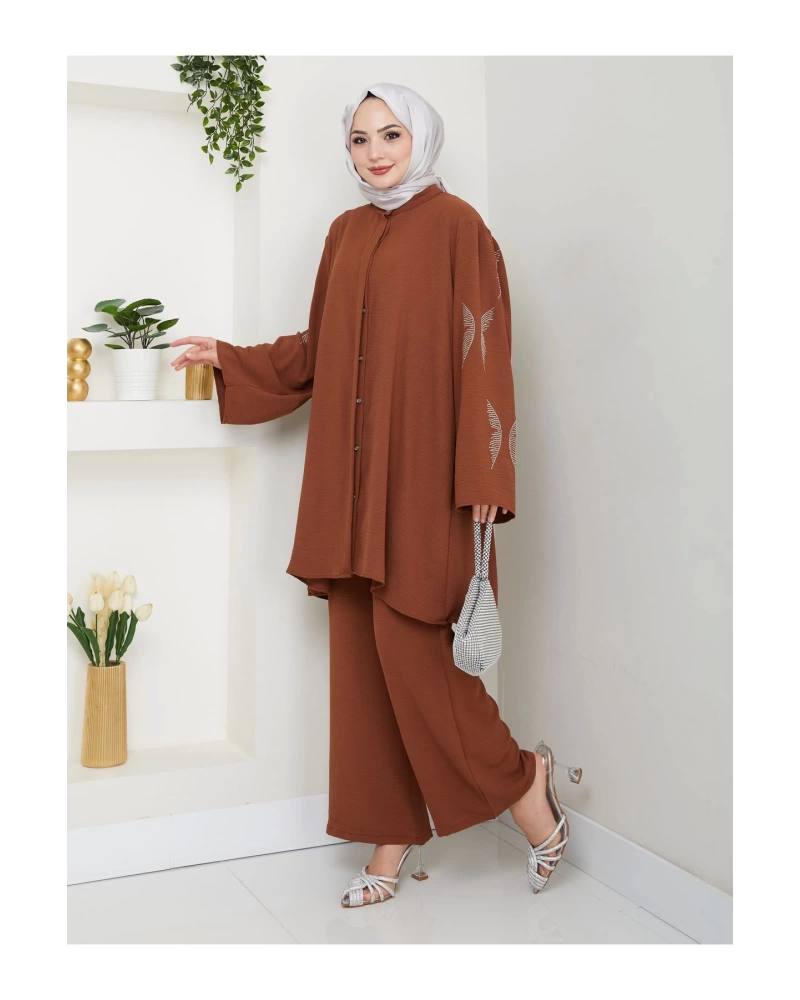 KELEBEK TAŞLİ AYROBİN TESETTÜR TAKIM KAHVE 854