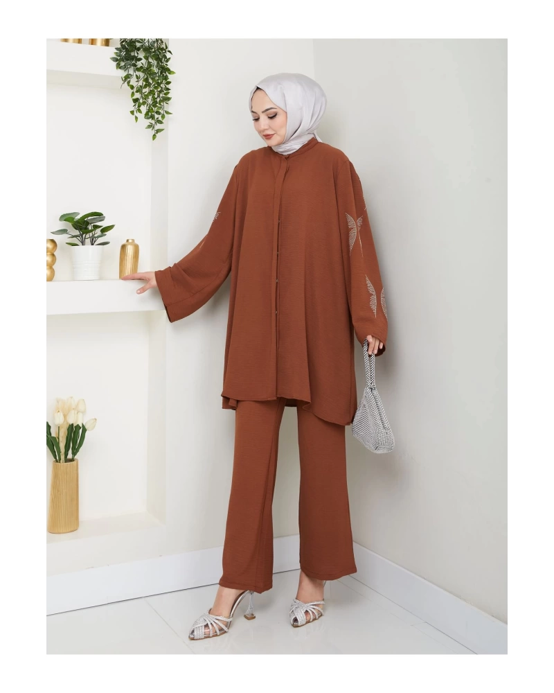 KELEBEK TAŞLİ AYROBİN TESETTÜR TAKIM KAHVE 854