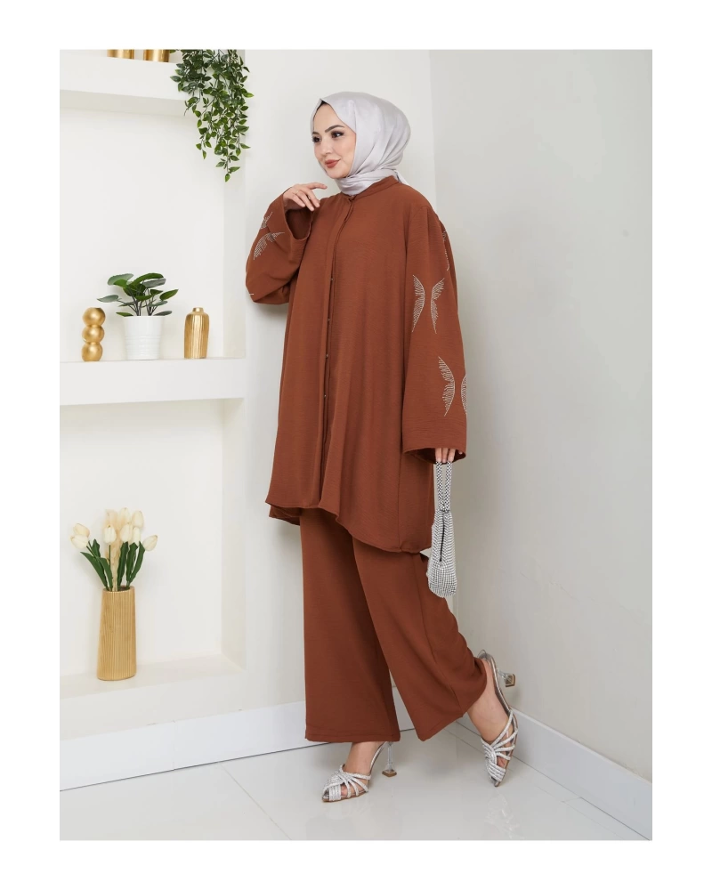 KELEBEK TAŞLİ AYROBİN TESETTÜR TAKIM KAHVE 854