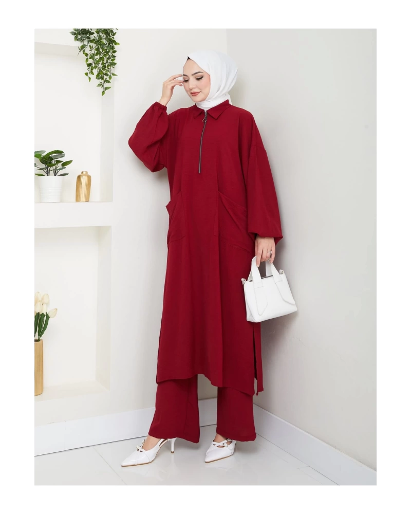 UZUN BOY CEPLE YARI FERMUARLI AYROBİN TESETTÜR TAKIM BÜYÜK BEDEN BORDO 846