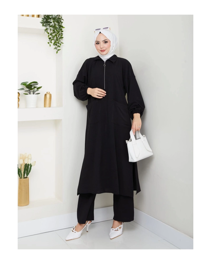 UZUN BOY CEPLE YARI FERMUARLI AYROBİN TESETTÜR TAKIM BÜYÜK BEDEN SİYAH 846