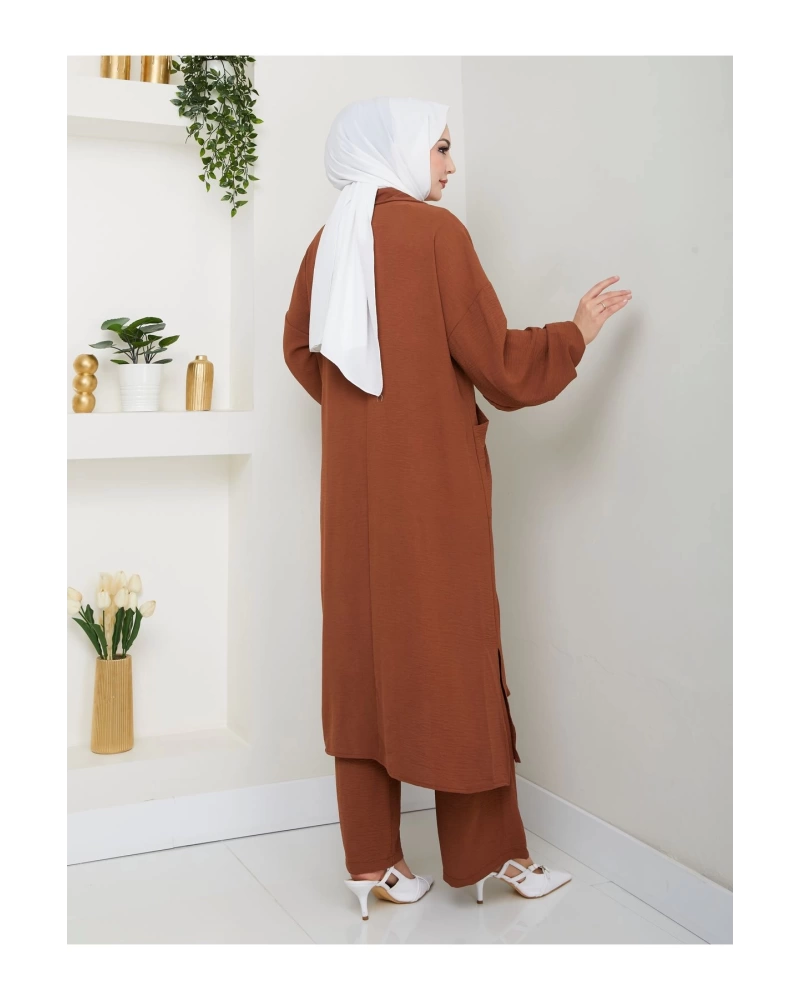 UZUN BOY CEPLE YARI FERMUARLI AYROBİN TESETTÜR TAKIM BÜYÜK BEDEN KAHVE 846