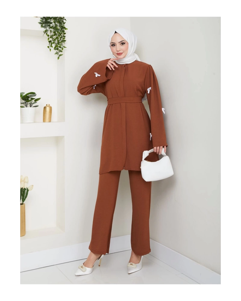 KOLDA MOSSE FİYONK DETAY AYROBİN TESETTÜR TAKIM KAHVE 8541