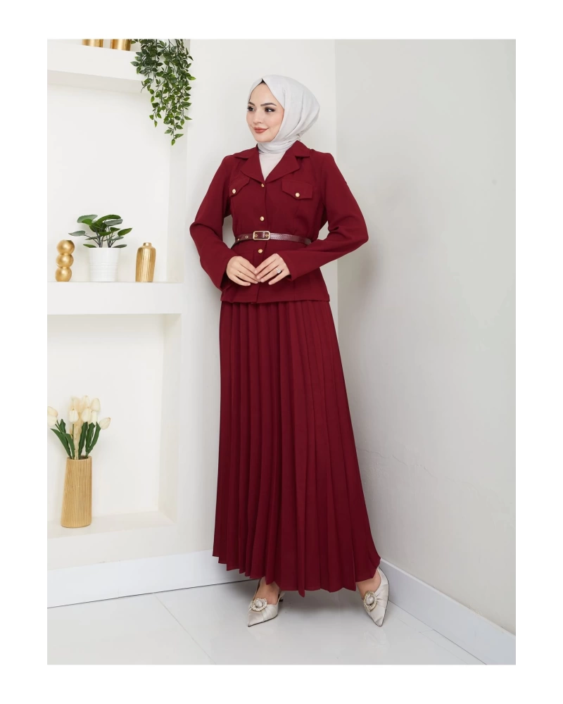 PİLELİ ETEKLI CEKETLI GOLD DÜĞMELİ KEMERLİ BLAZER TESETTÜR TAKIM BORDO 806