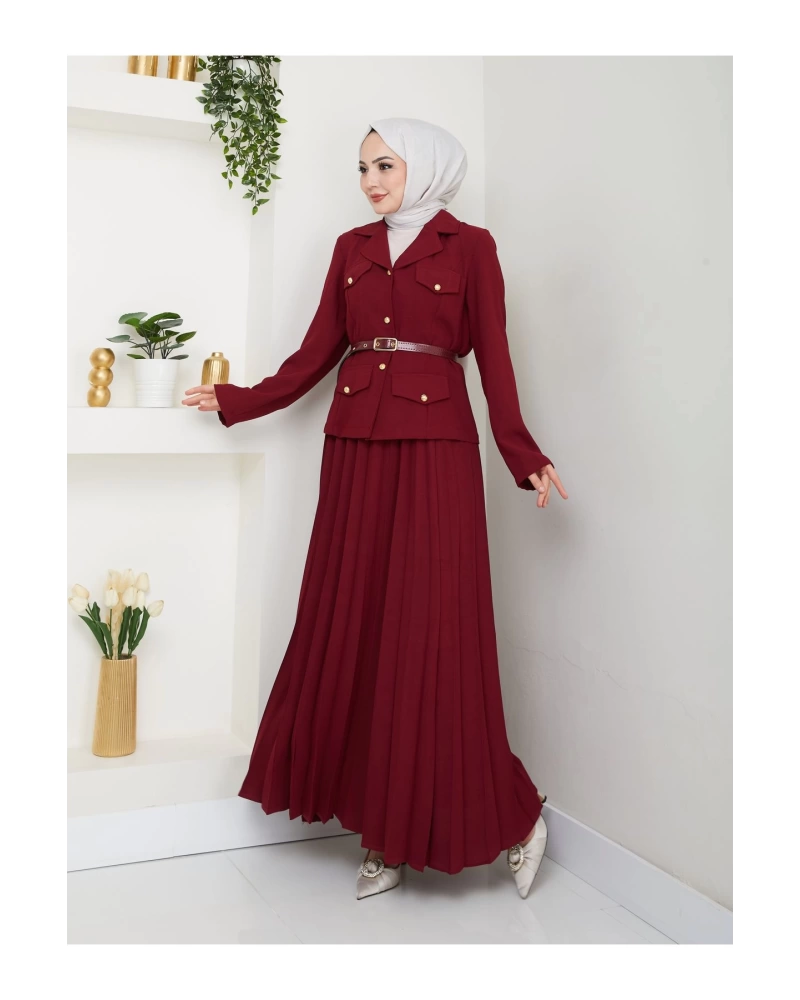 PİLELİ ETEKLI CEKETLI GOLD DÜĞMELİ KEMERLİ BLAZER TESETTÜR TAKIM BORDO 806