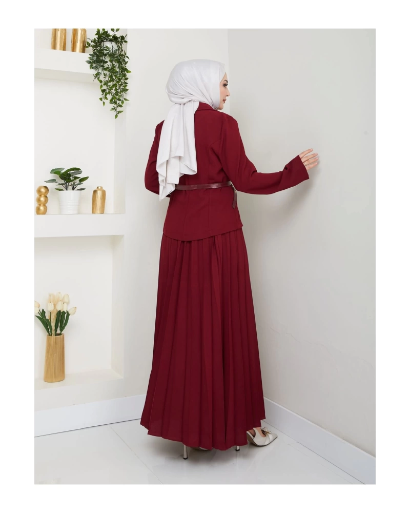 PİLELİ ETEKLI CEKETLI GOLD DÜĞMELİ KEMERLİ BLAZER TESETTÜR TAKIM BORDO 806