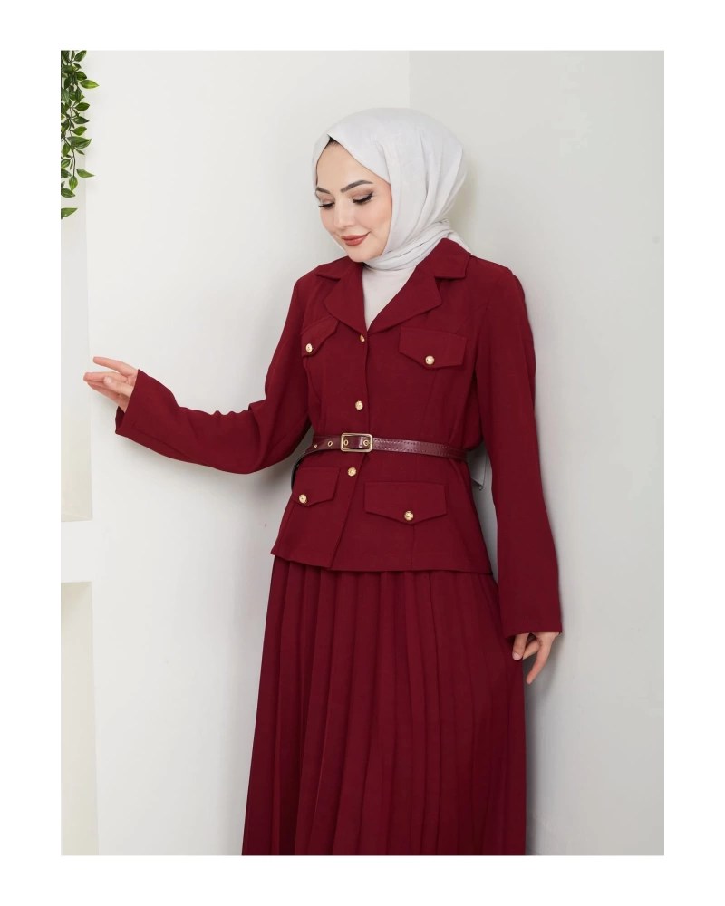 PİLELİ ETEKLI CEKETLI GOLD DÜĞMELİ KEMERLİ BLAZER TESETTÜR TAKIM BORDO 806