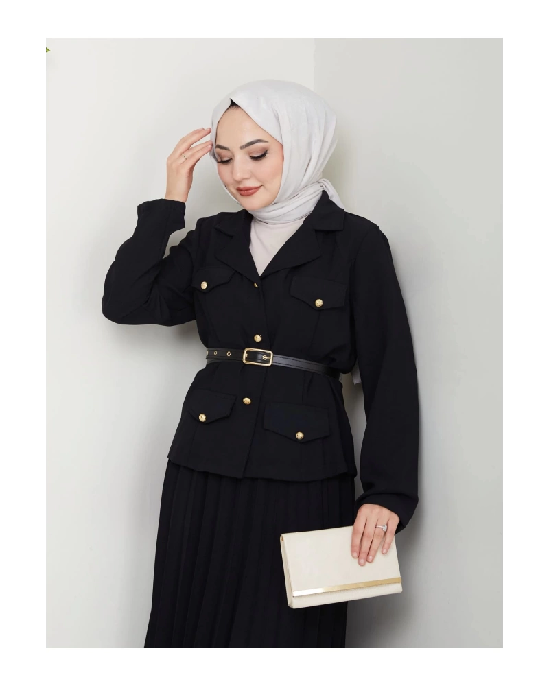 PİLELİ ETEKLI CEKETLI GOLD DÜĞMELİ KEMERLİ BLAZER TESETTÜR TAKIM SİYAH 806