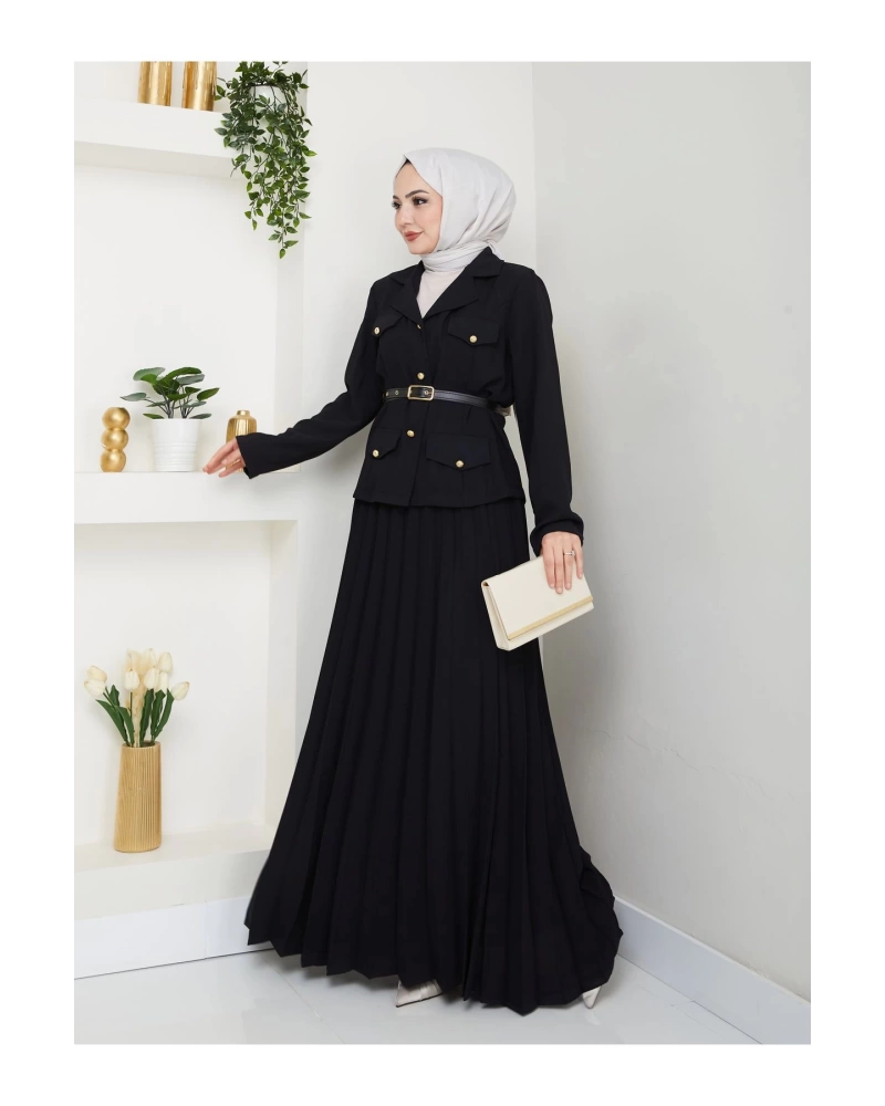 PİLELİ ETEKLI CEKETLI GOLD DÜĞMELİ KEMERLİ BLAZER TESETTÜR TAKIM SİYAH 806