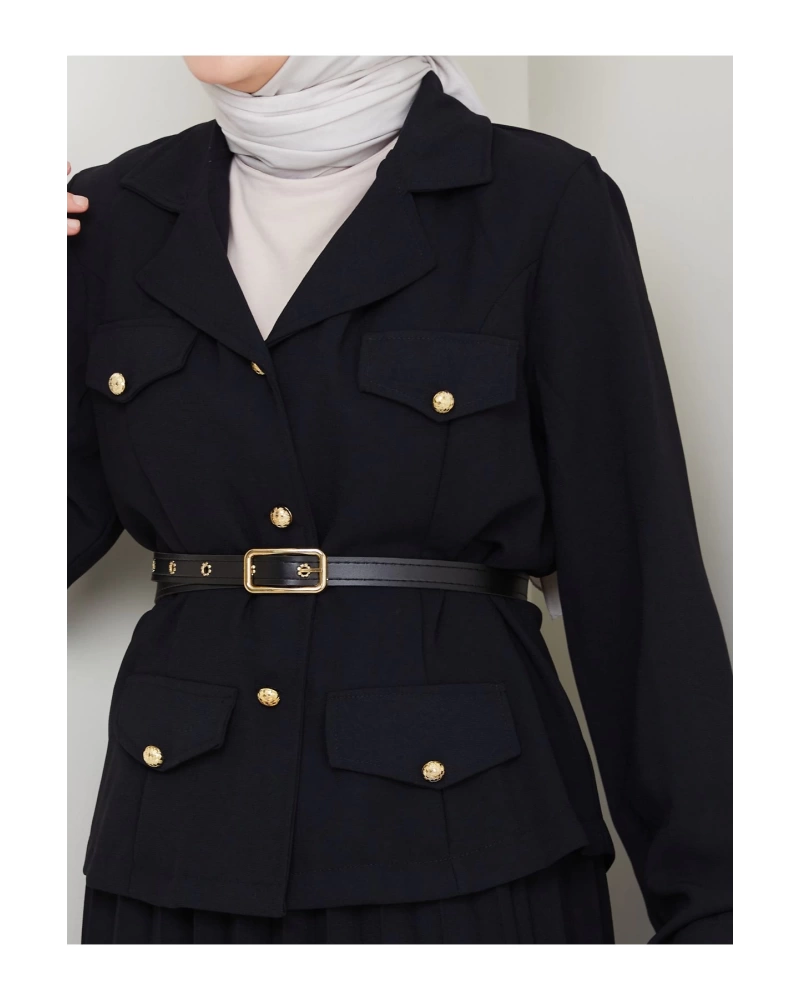 PİLELİ ETEKLI CEKETLI GOLD DÜĞMELİ KEMERLİ BLAZER TESETTÜR TAKIM SİYAH 806