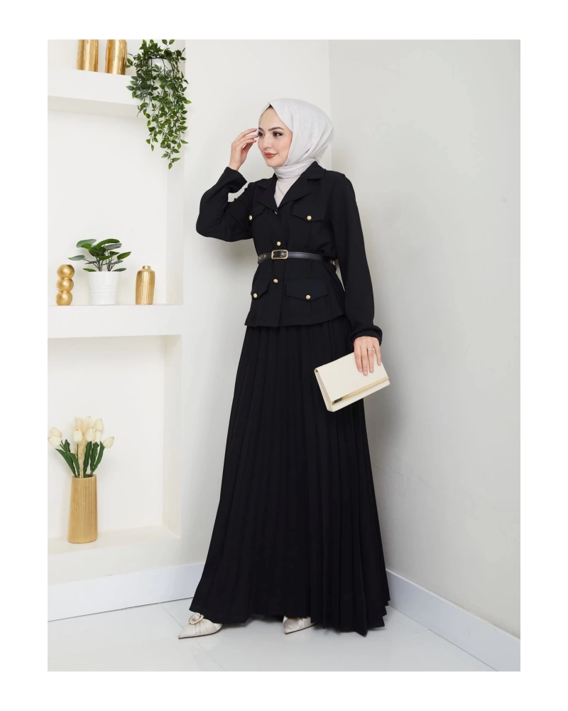 PİLELİ ETEKLI CEKETLI GOLD DÜĞMELİ KEMERLİ BLAZER TESETTÜR TAKIM SİYAH 806
